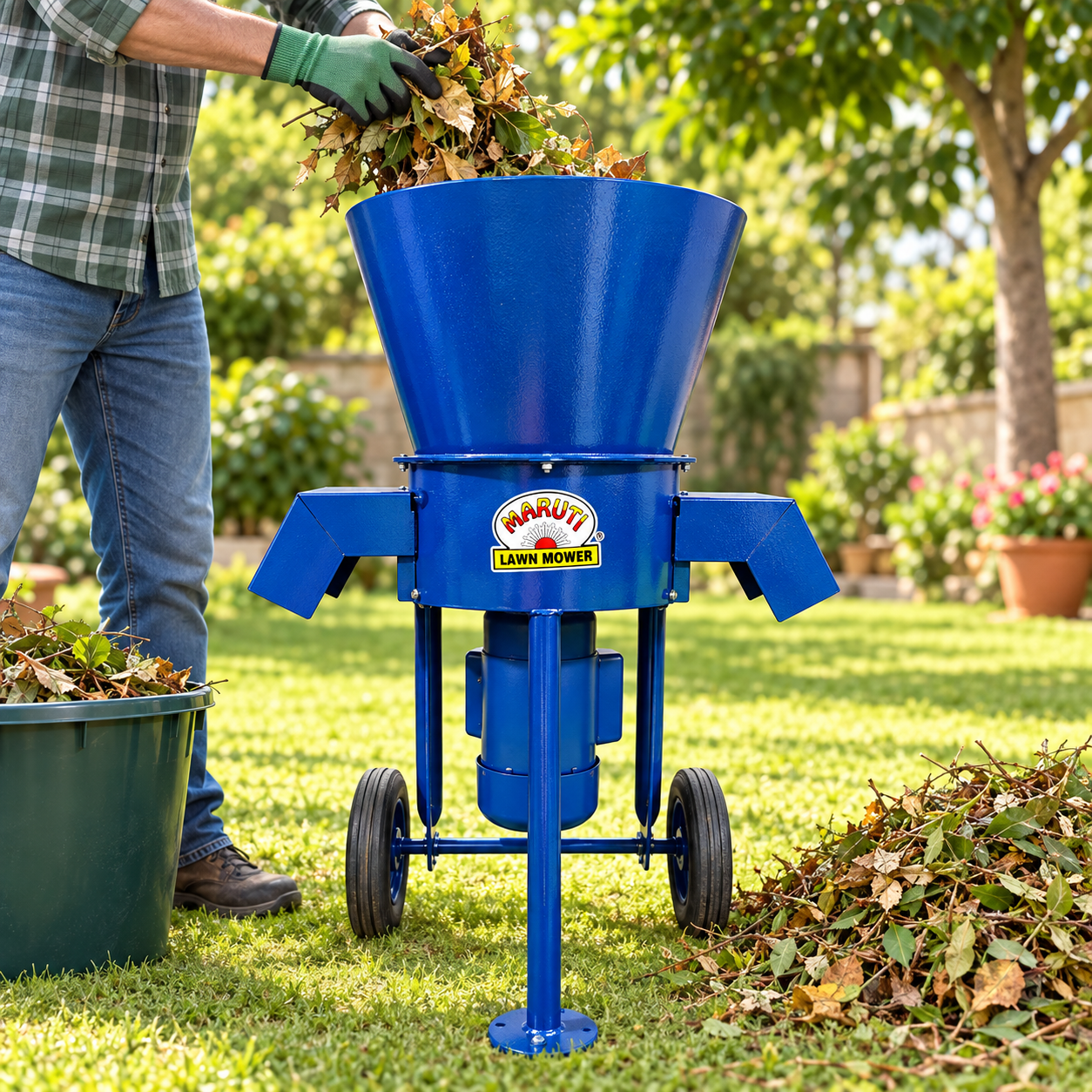 Maruti Lawn Mower garden waste leaf shredder in blue with gardener feeding leaves