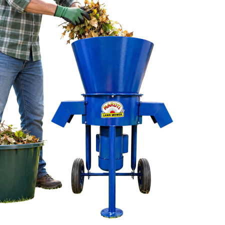 Maruti Lawn Mower garden waste leaf shredder in blue with gardener feeding leaves