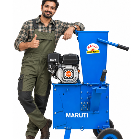 Maruti Lawn Mower garden waste shredder processing leaves and branches in a garden.