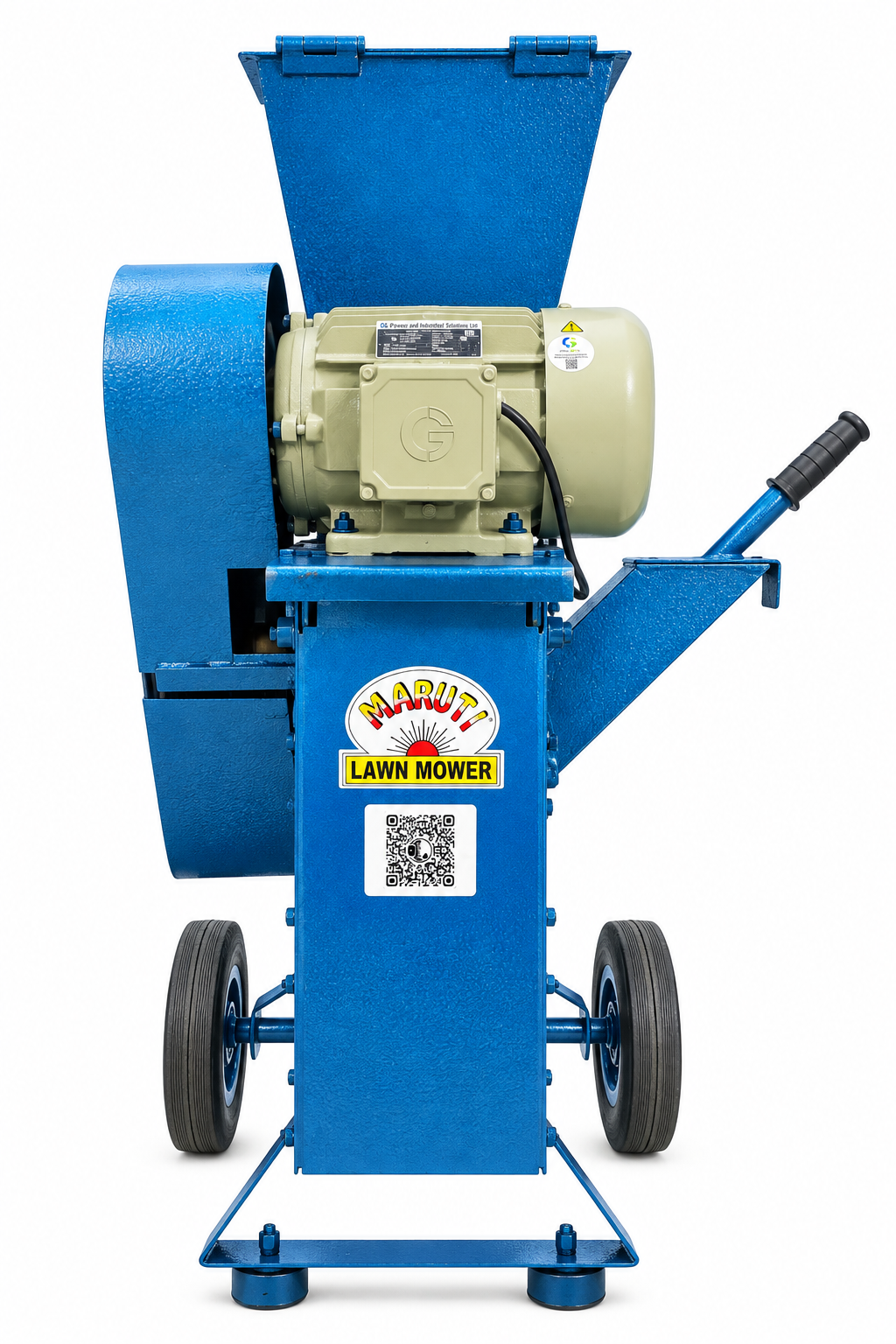 Maruti Lawn Mower blue machine side view showing hopper, handle and wheels.