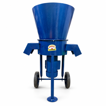 Alt text: Maruti Lawn Mower blue garden waste shredder machine shown from the rear, highlighting the hopper, discharge outlets, motor housing, support frame, front stand, and wheels on a white background.