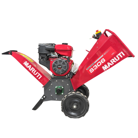 Maruti 306 15 HP petrol wood chipper machine with robust design and wheels.